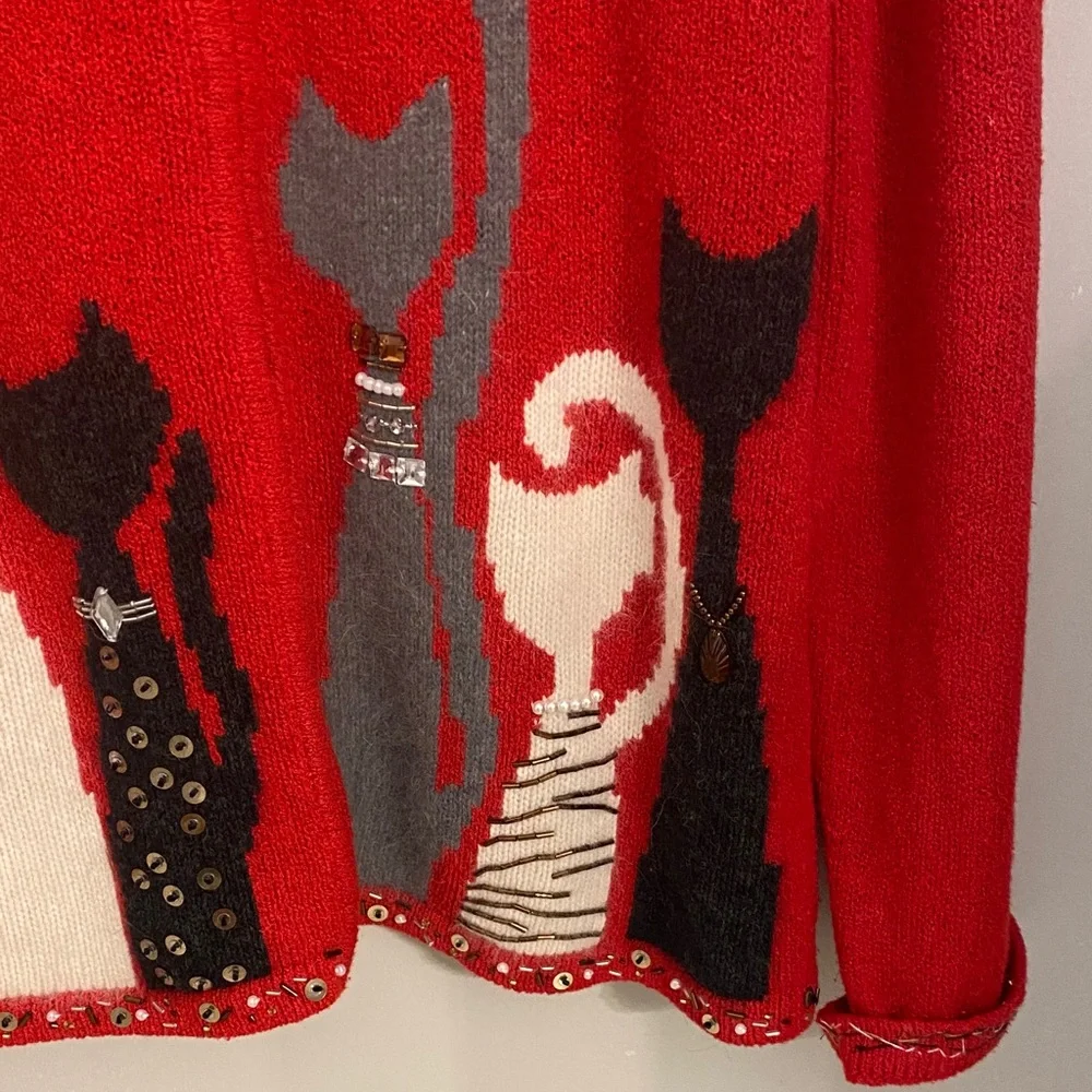 Coldwater Creek Vibrant Red Cat Design Cardigan - Picture 4 of 6